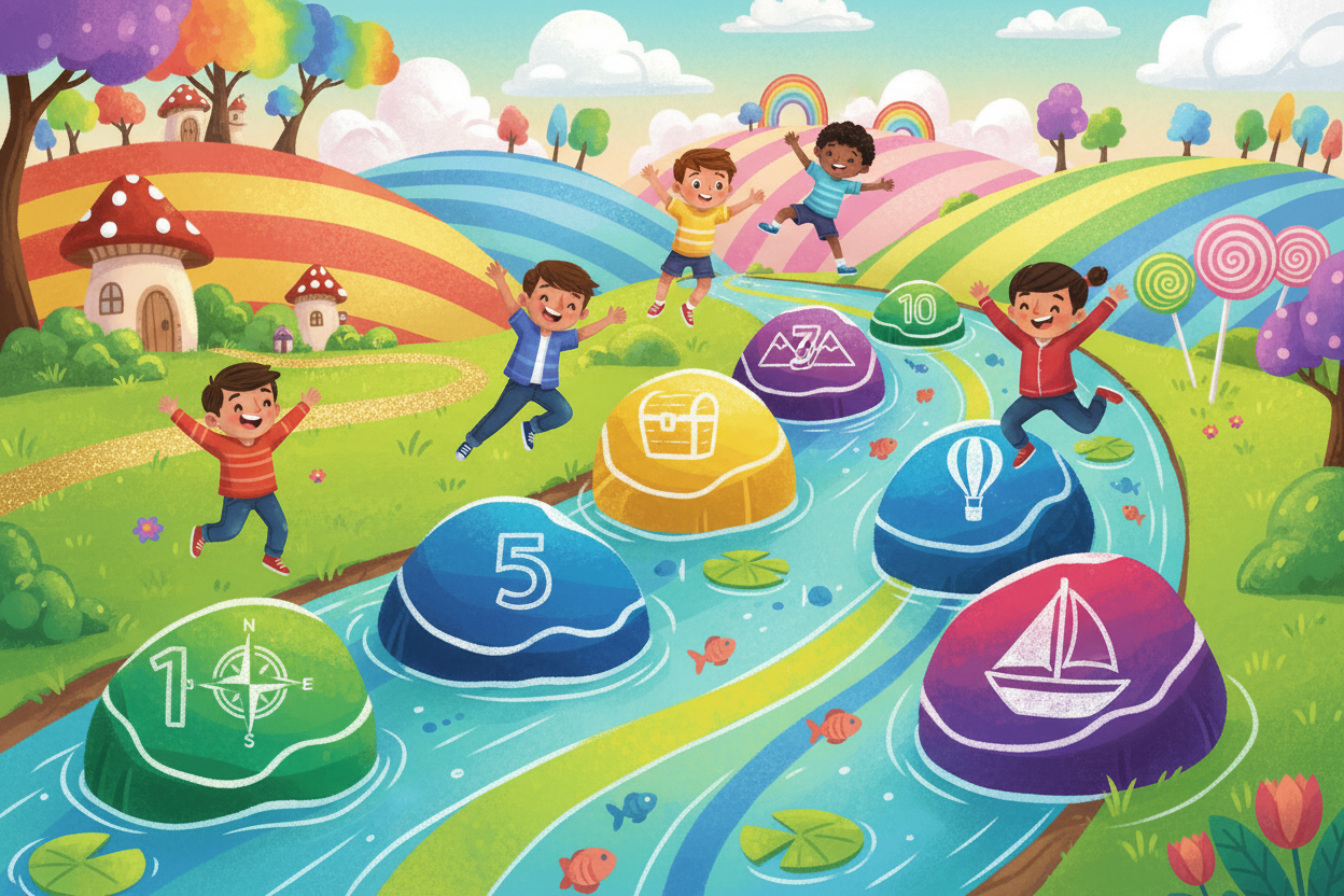 Children jumping on colorful milestone stones